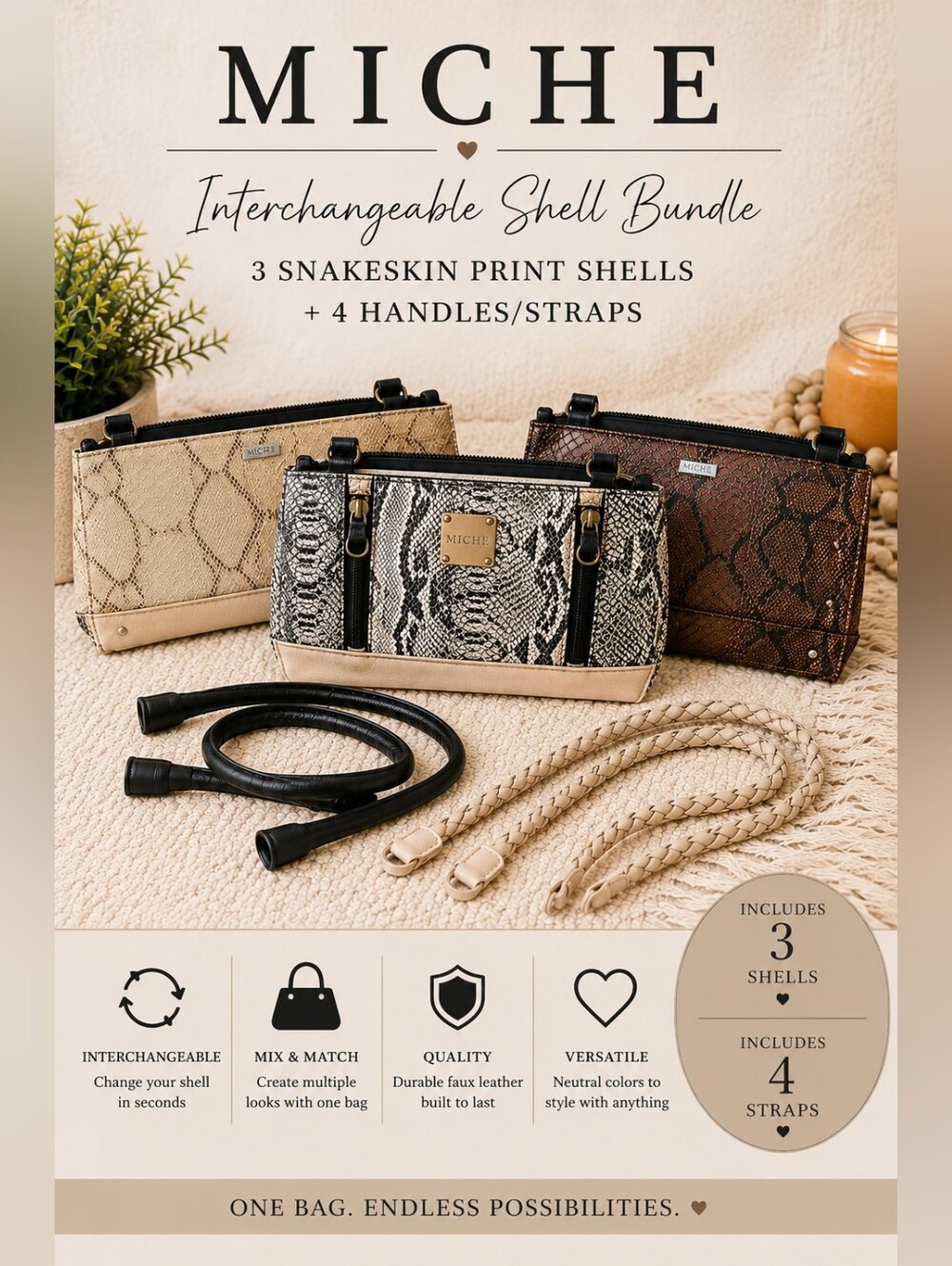 Miche Interchangeable Shell Bundle | 3 Faux Snakeskin Shells + 4 Handles/Straps